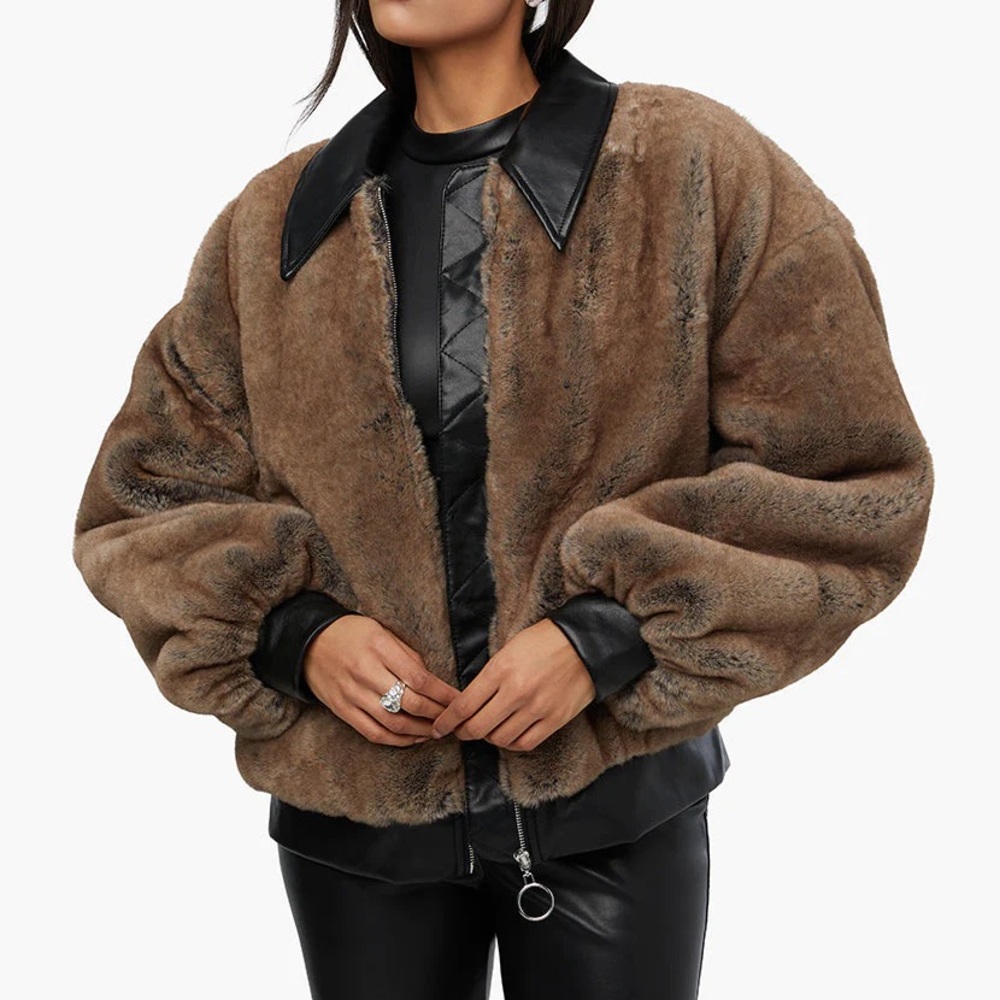 WeWoreWhat Faux Fur Bomber Jacket, Black/Brown